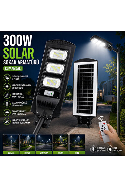 EVİMİST 300W Güneş Enerjili Solar Sokak Lambası 6500K Beyaz Işık Sensörlü LED...