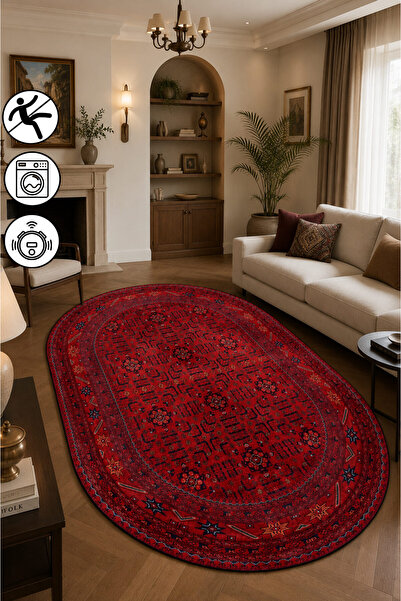 blcmoda Kırmızı Afgan Desen Oval Baskılı Kaymaz Taban Yıkanabilir Halı Salon ...