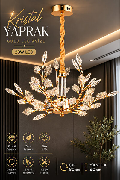Elvora Home Modern (PREMİUM) Kristal Yaprak Detaylı Gold LED Avize Salon Yeme...