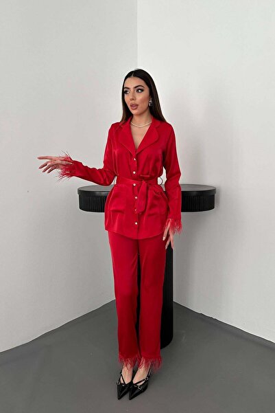 Caddebostan Moda Tassel Detailed Satin Jacket and Trousers Double Set