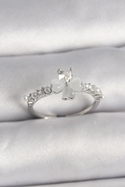 ALKASAZ Brass Silver Color Zircon Stone Clover Model Pearl Detail Adjustable ...