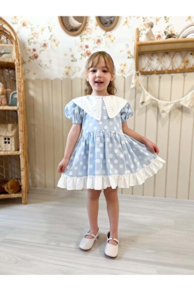 Pinkitokids BERRA Puantiyeli Kız Çocuk Elbisesi - Mavi - TOKA HEDİYELİ