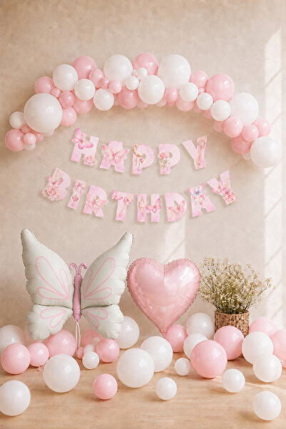 Baloncu Nene Kelebekli Doğum Günü Balon Süsleme Seti Pembe Beyaz Happy Birthd...