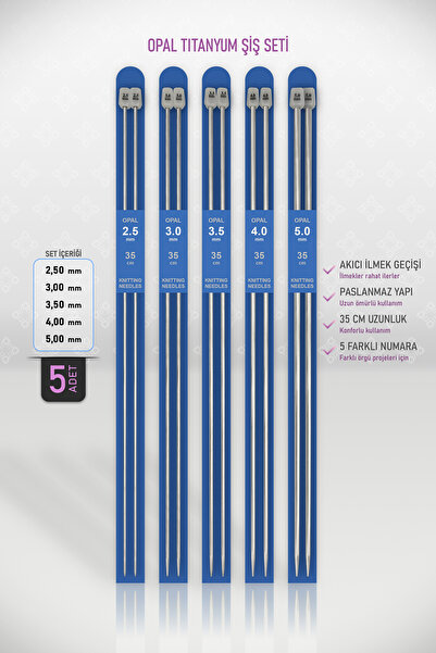 OPAL Set de andrele pentru tricotat cu efect de TITAN - 35 cm - Set de 5 bucă...