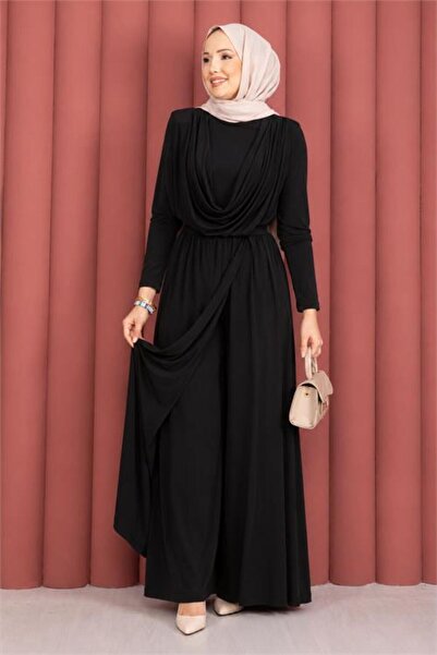 Neşeli Butik بدلة نسائية سوداء من قماش ساندي بياقة ديجاجي وحزام من القماش NMS089