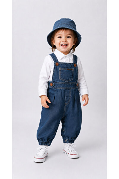 Momivi Kids Bebek&Çocuk Denim Askılı Salopet Takımı Şapkalı Gömlekli Günlük 3...
