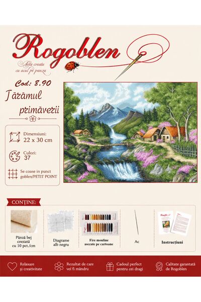 Rogoblen Kit de cusut Taramul primaverii - set goblen cu pânză, diagrame alb-...