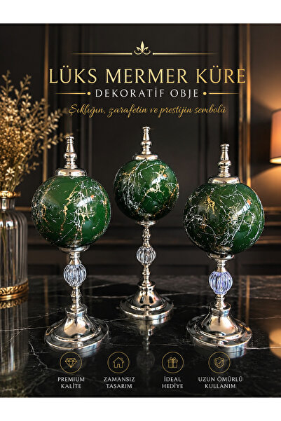 voliX Dizayn Lüks Yeşil Mermer Desenli Dekoratif Küre Seti 3’lü – Gümüş Metal...