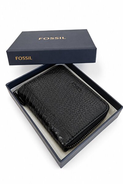 Fossil محفظة أفقية من الجلد الطبيعي بسحاب للجنسين مع حامل بطاقات ومقصورات متع...