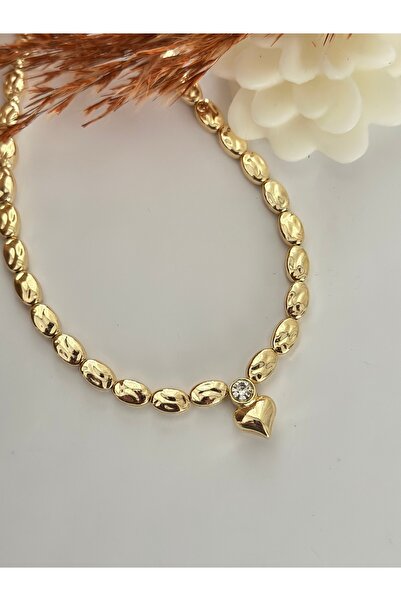mibrillo Gold boncuk tek taş detaylı kalp kolye