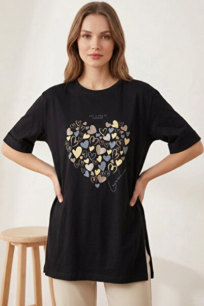 TOFİSA Slit Printed Short Sleeve Tunic Black - 1321-Siyah