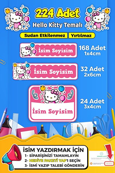 SB store Okul Kreş Kişiye Özel isim Etiket Seti Hello Kitty Temalı - Model 676