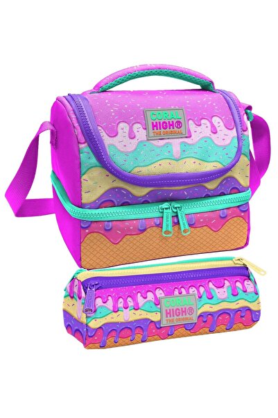 Coral High Girl's Multi-Colored Ice Cream Patterned Two-Tier Lunchbox and Pen...