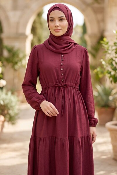 TOFİSA Belinde Tünel Detaylı 4 Katlı Elbise - 28383-BORDO