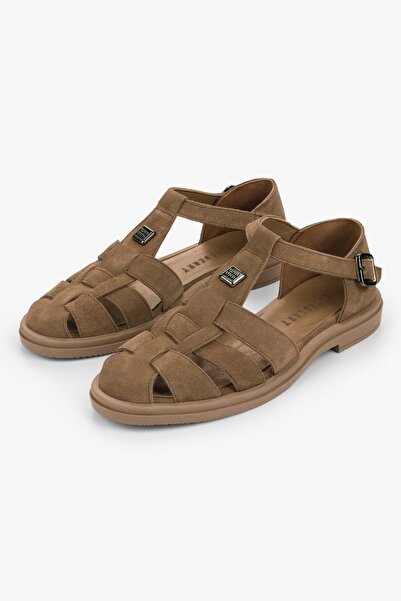 Shoeberry Women's Moni Tobacco Genuine Suede Leather Sandals