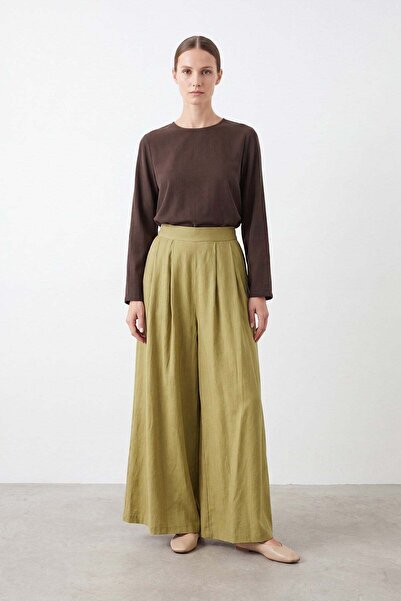 Puane Kadın Beli Lastikli Geniş Paça Dokuma Pantolon – 18310PNT - OLIVE