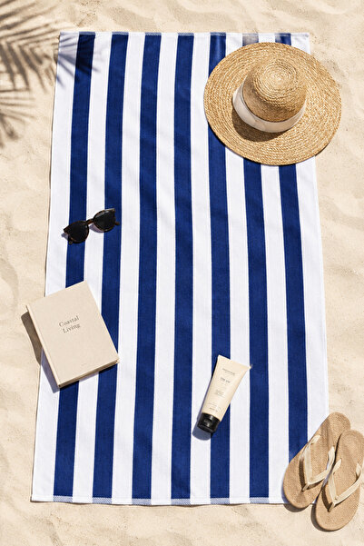 TAYA HOME Premium Beach Towel 80X150 cm 100% Cotton Navy Blue White Striped S...