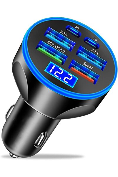 Arabest شاحن سيارة USB-C سريع جداً 6 في 1، محول شحن متعدد المنافذ بقوة 250 وا...