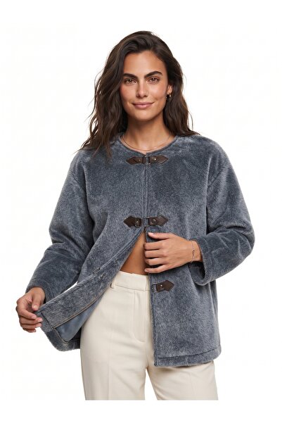 ONLOOX Smoked Wool Textured Crew Neck Lined Leather Buckle Detailed Short Cut...