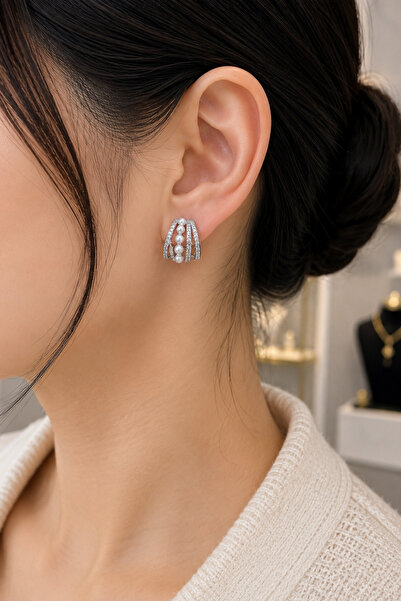 Balenbi Women's Pearl Detailed Zircon Stone Silver Color Premium Earrings 1052