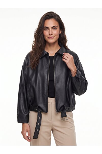 ONLOOX Black Stretchy Faux Leather Textured Oversized Cut Jacket with Buckle ...