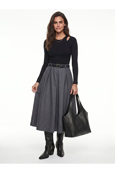 ONLOOX Gray Viscose Blended Fabric Midi Length Classic Cut Skirt with Pleated...