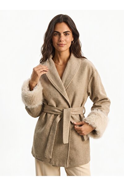 ONLOOX Mink Viscose Blended Fabric Belted Waist Sleeves Fur Detailed Straight...