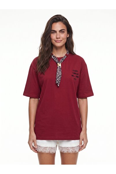 ONLOOX Burgundy Cotton Crew Neck Oversize Embroidered Leopard Scarf Detailed ...
