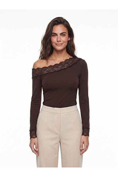 ONLOOX Bitter Coffee Stretch Fabric Madonna Collar Long Sleeve Body-Fitting B...