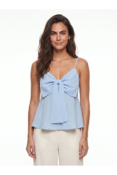 ONLOOX Baby Blue Cotton V-Neck Thin Straps Comfortable Fit Blouse with Bow on...