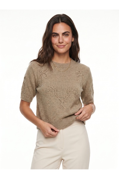 ONLOOX Dark Beige Soft Knitwear Crew Neck Short Sleeve Embossed Floral Embroi...