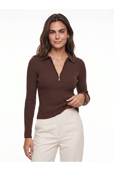 ONLOOX Bitter Brown Cotton Ribbed Textured Polo Collar Long Sleeve Slim Fit Z...