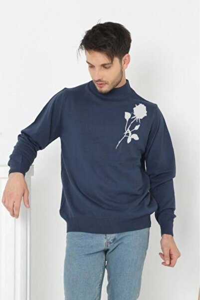 Generic Brand Men's Half-Turtleneck Sweater Printed Woven Knitwear - Navy Blue