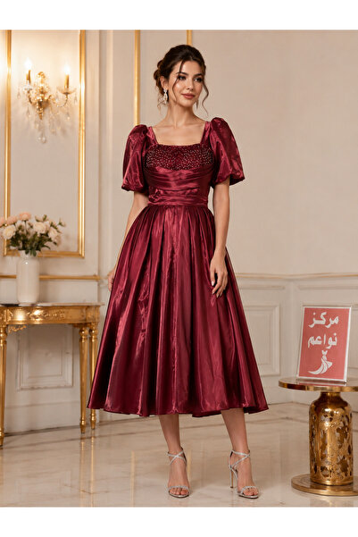 NAWAEIM Burgundy Sequin Midi Evening Dress Fluffy Sleeves Elegant Embroidery ...