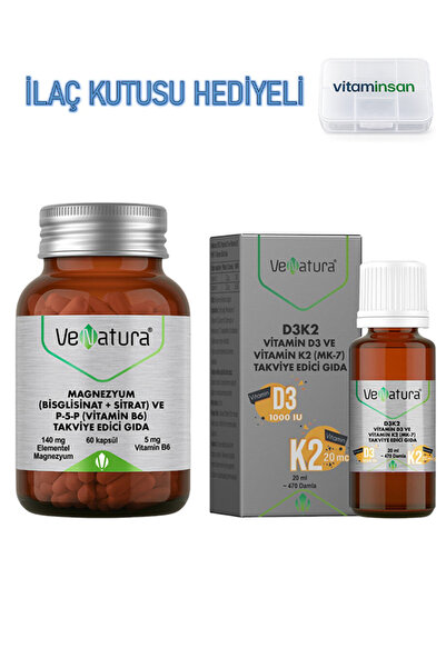 VeNatura Magnezyum (Bisglisinat+Sitrat) P5P (Vitamin B6) 60 Kapsül + D3 K2 Da...