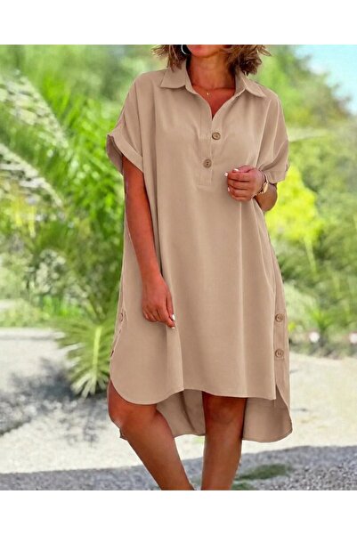 Wear Up Women's Short Sleeve Collared Side Buttoned Front Short Back Long Mid...