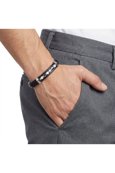 Parmas Design Agate Grained Stone Leather Bracelet with Steel Components Men's Gift 01806