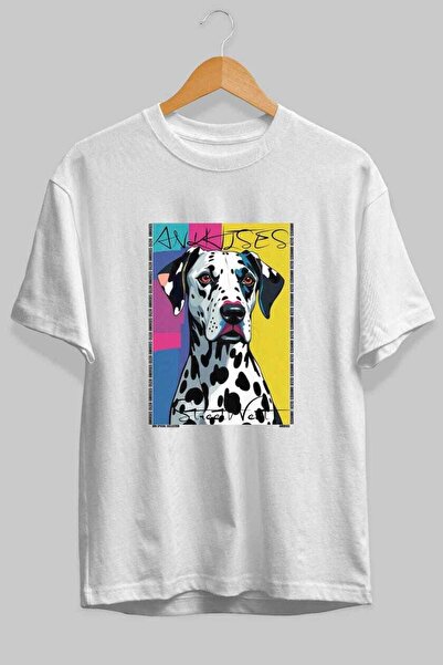Ankhises For Dog Lovers 58 Front Dog Printed White Oversize T-Shirt 100% Cott...