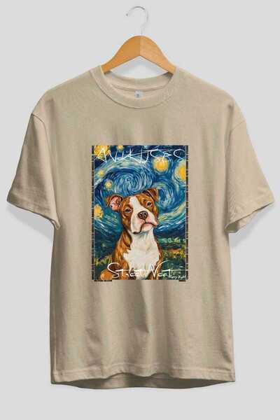 Ankhises For Dog Lovers 48 Front Dog Printed Beige Oversize T-Shirt 100% Cott...