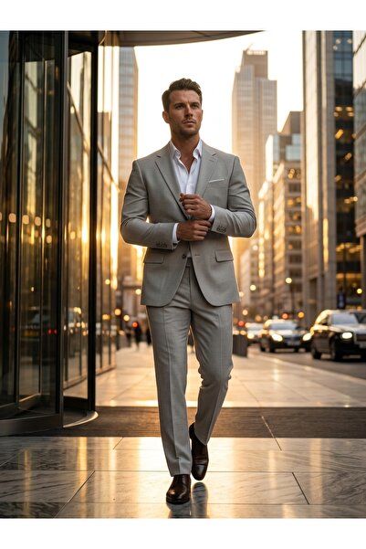 SÜVARİ Costum gri deschis cu model Armür, croială slim fit