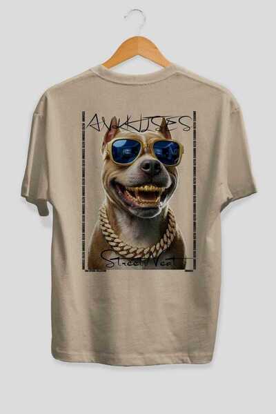 Ankhises For Dog Lovers 49 Back Dog Print Beige Oversize T-Shirt 100% Cotton ...