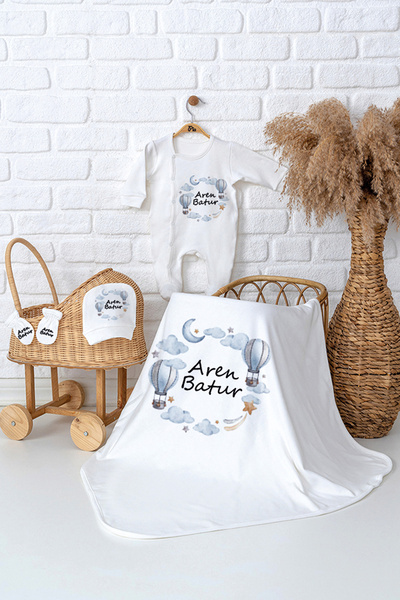 Pia Baby Premium İsme Özel %100 Pamuk Erkek Bebek 4 Parça Yenidoğan Hastane Ç...