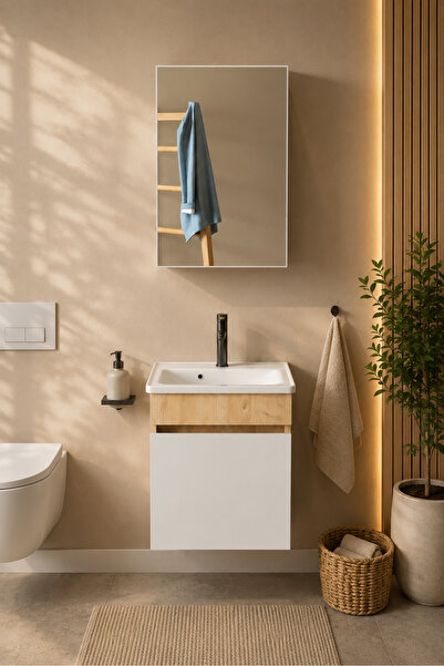 makbulce Şefaatli 45 cm MDF Seramik Meşe Lavabolu Aynalı Banyo Dolabı