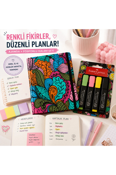 Lizy Desenli Çizgili Ajanda ve Faber-Castell Pastel Fosforlu Kalem Seti | Gün...