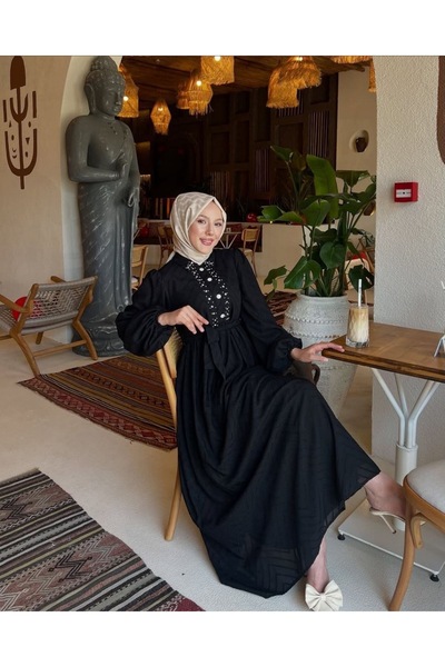 ensade Pearl Detailed Balloon Sleeve Hijab Dress |   Stylish Casual Dress wit...