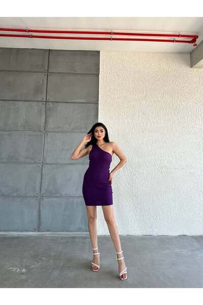 Modafeminen Purple One-Shoulder Ribbed Knitwear Mini Dress Tr0293