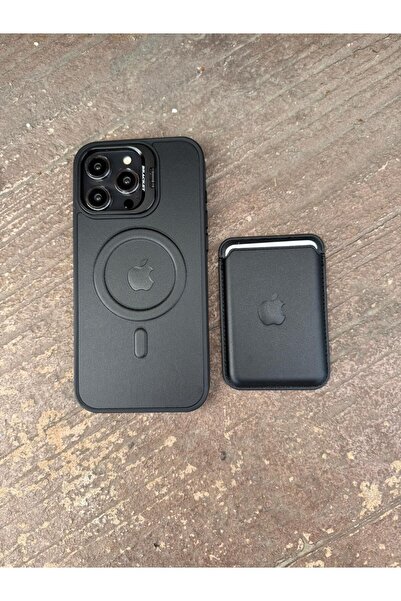 İPHONE 15 PRO MAX UYUMLU SİYAH RENK MAG-SAFE ÖZELLİKLİ KAMERA STANDLI DERİ KILIF VE DERİ KARTLIK