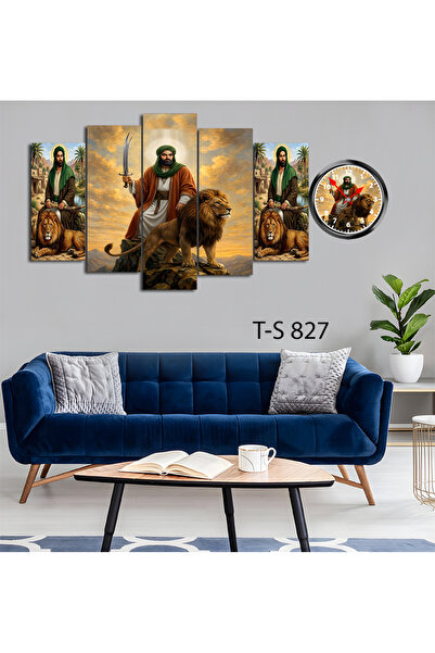 BellaaaModa Hz ALİ temalı Dekoratif Desenli Mdf Tablo 5 Parça Set ve Saatli T...