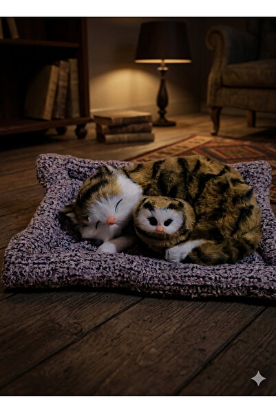 BESTTOYS Minderli kedi sesi çıkaran uyuyan kedi ve yavrusu peluş oyuncak kedi
