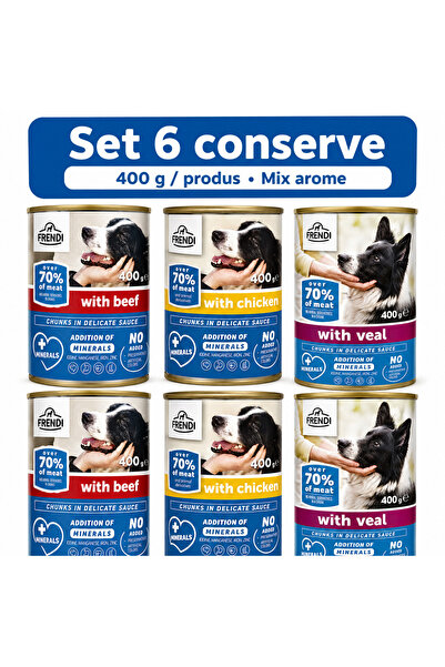 FRENDİ Dog, hrana umeda pentru caini, Set 6 conserve, Mix Vita, Pui, Vitel, 6...